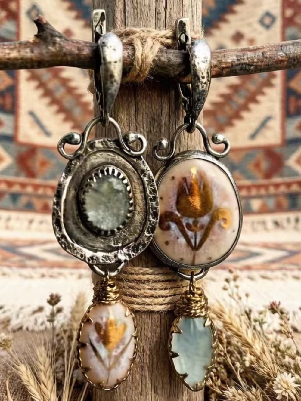 Boho Artisan Mixed Metal Floral Dangle Earrings Vintage Inspired